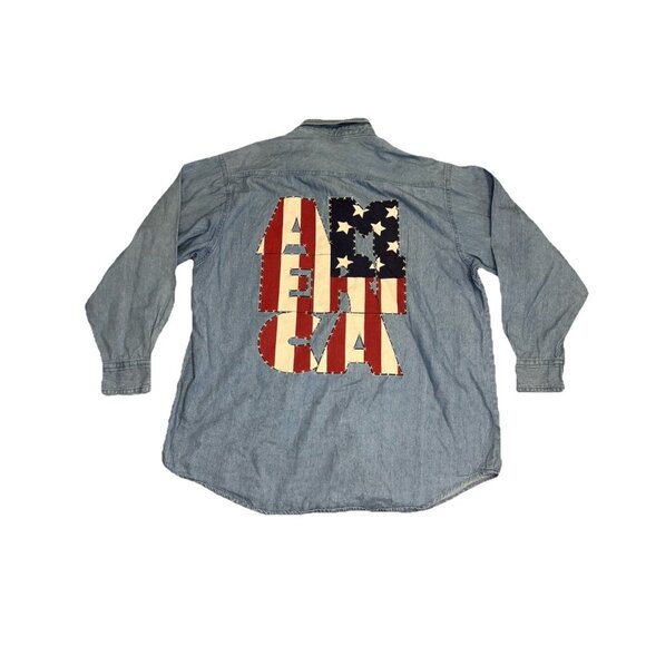 VTG Button Up Womens American Flag Shirt 80s 90s Patriotic 4th of July USA LARGE - Picture 1 of 8